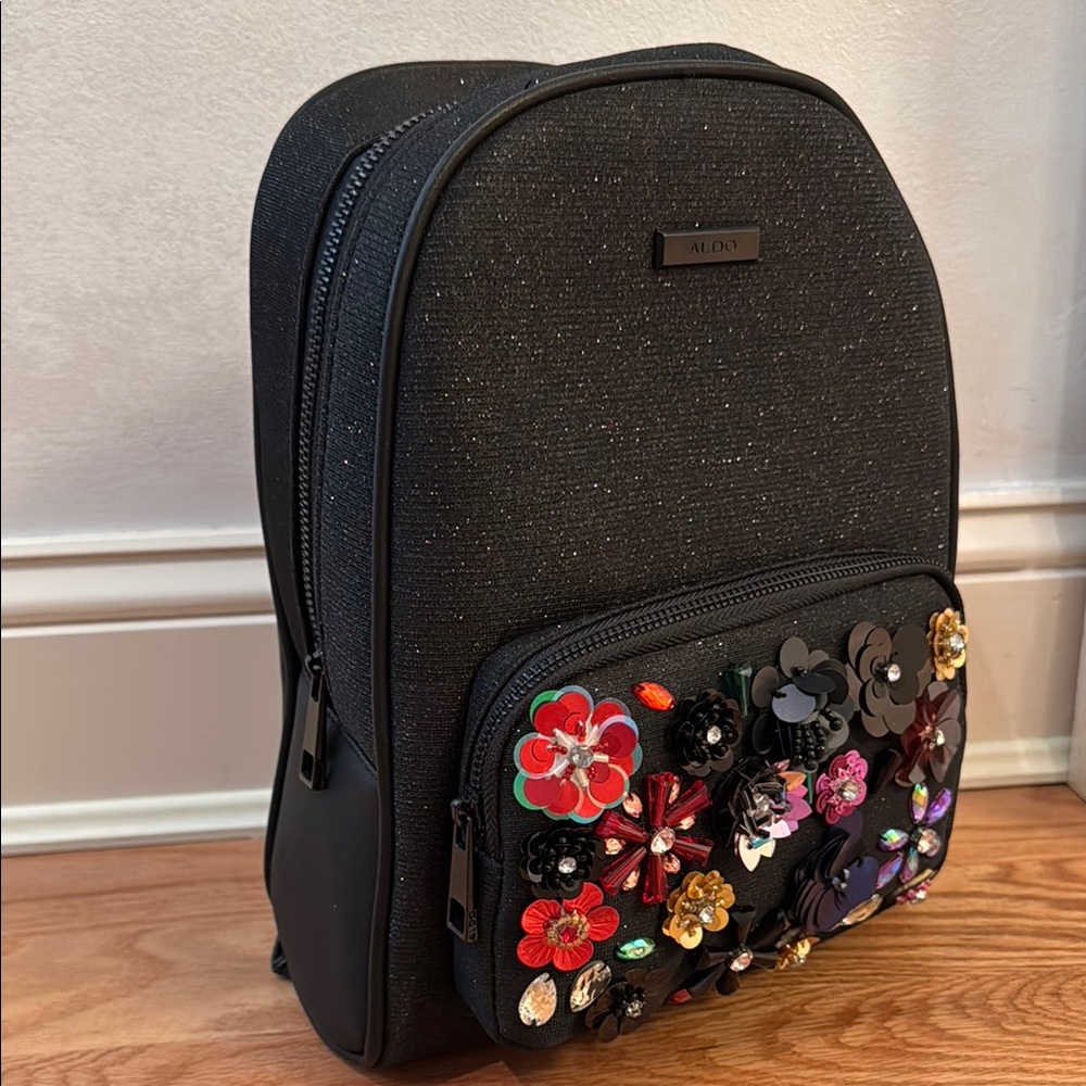 NWOT Aldo Black Mini Backpack with Floral Embellishments
